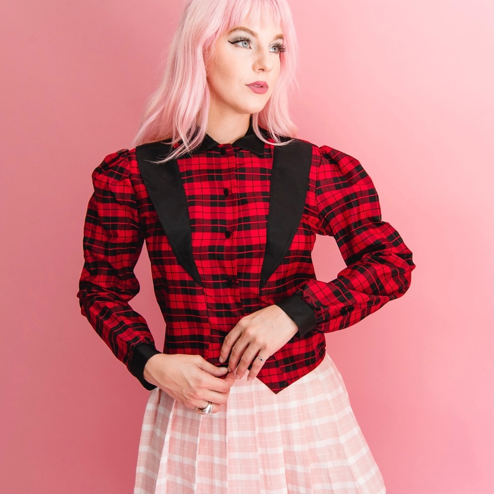 Vintage Red Plaid Tuxedo Style Blouse S